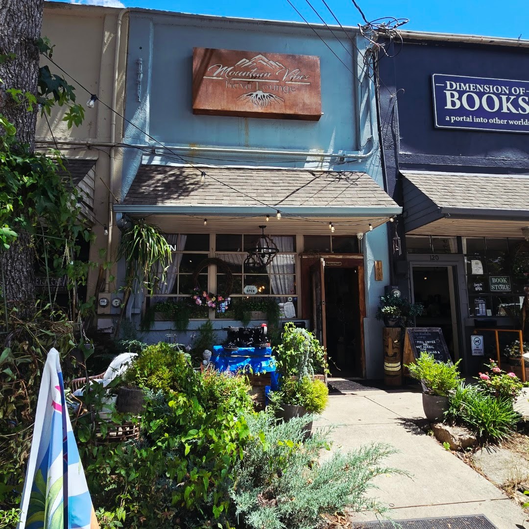 The Mountain Vibes storefront on Miller Street with its carved wooden sign